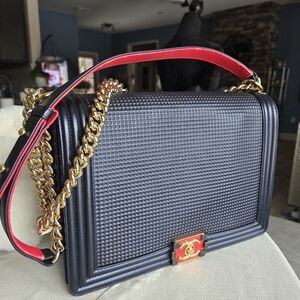 Authentic CHANEL Cube Boy Elegant Navy Blue and Gold Chain Shoulder Bag 30cm